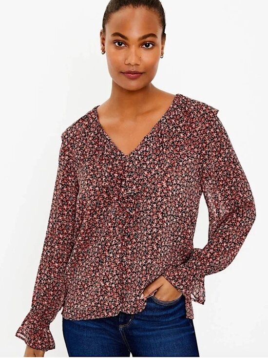 LOFT Tops - LOFT Ruffle V-Neck Floral Blouse Top in Deep Persimmon NEW